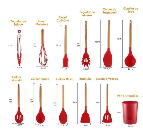 Kit 12 Peças Utensílios de Cozinha Silicone + Suporte